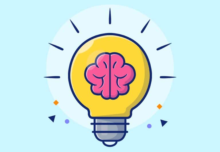 8 Marketing Hacks In the realm of innovation and rebirth, akin to a phoenix rising from ashes, imagine an illustration where a light bulb encapsulates a pink brain, symbolizing the fiery essence of creativity and groundbreaking ideas. This luminous bulb emits radiant light, casting its glow upon geometric shapes that dance around it against a serene light blue backdrop—an ideal tableau for presenting transformative marketing tips that spark new beginnings.
