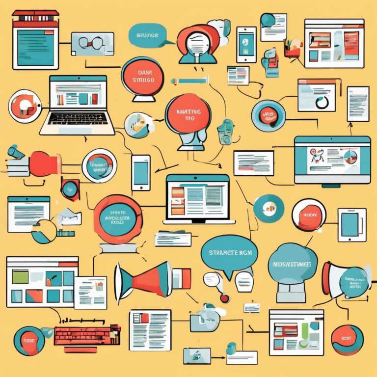 The best marketing doesn't feel like marketing. A vibrant yellow background serves as the canvas for a colorful infographic, where interconnected laptops and smartphones rise like a phoenix from the flames of innovation; they breathe life into charts and various online tools and icons, all woven together by lines that spark with creativity.